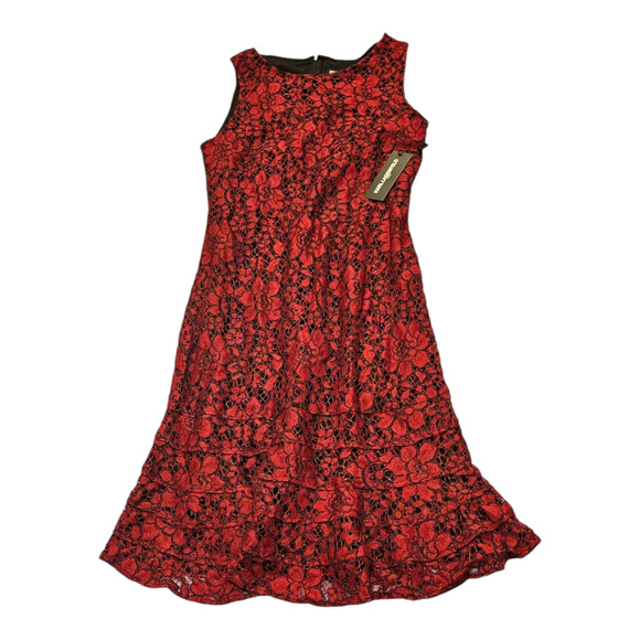 Karl Lagerfeld Size 10 Red and Black Lace Floral Sleeveless Zip Closure Dress - Picture 1 of 10